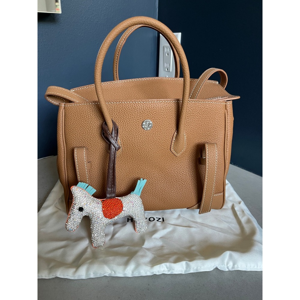 Hoyozi Tan Pebbled Leather Handbag Rhinestone Horse Charm Luxury Tote Boho Chic
